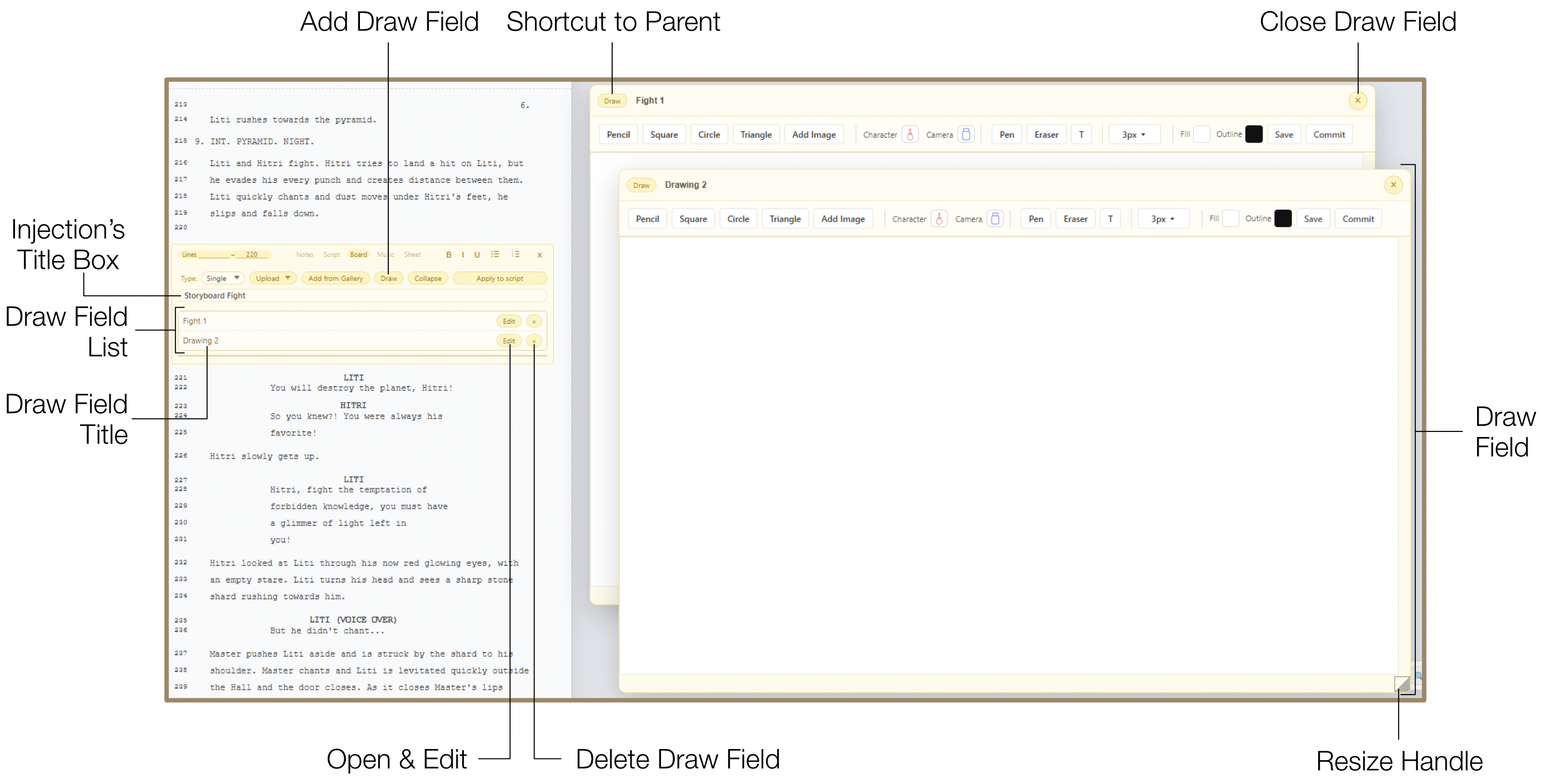 Draw Field workspace with resize handle, zoom controls, and drawing canvas